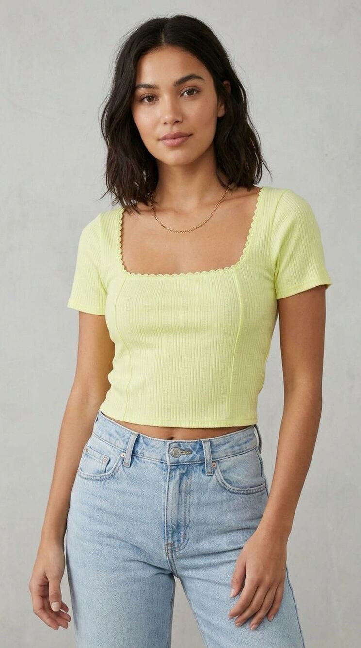 NWT O'Neill 100% Cotton Lemon Yellow Crop Top Sz S Scalloped Hem Square Neck